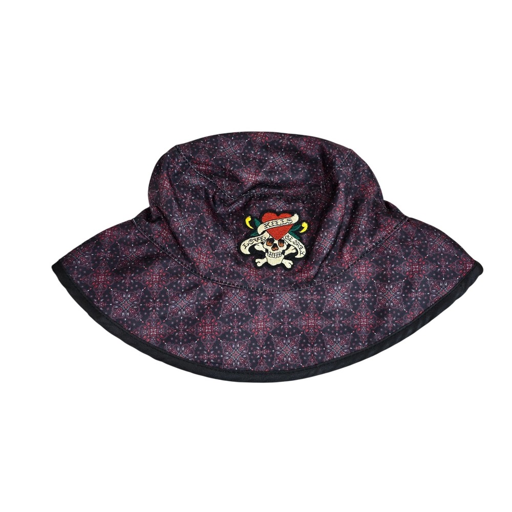 Ed Hardy Mens Bucket Hat Red Black Paisley Love Kills Slowly Skull Patch OS NWT